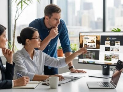 Professionals reviewing website style options for local contractors in a modern office