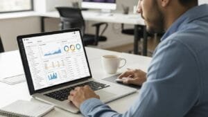 Digital marketer reviewing SEO data and keywords on a laptop