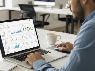 Digital marketer reviewing SEO data and keywords on a laptop