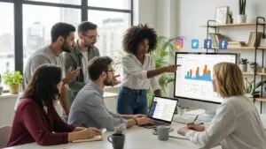 Diverse professionals collaborating on social media strategies in a modern workspace