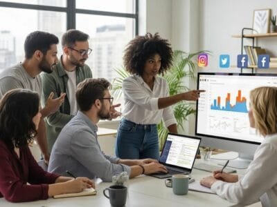 Diverse professionals collaborating on social media strategies in a modern workspace