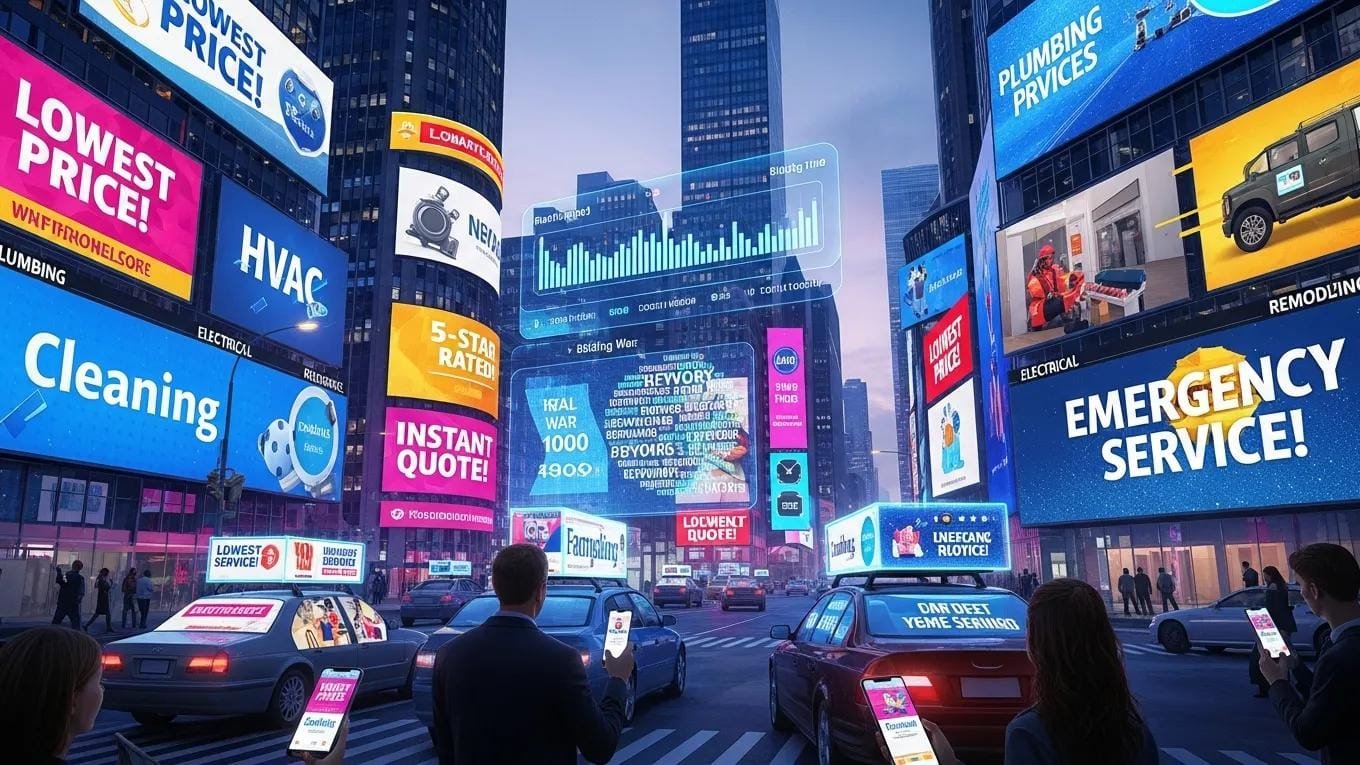 City scene showing competitive online ad market for home services