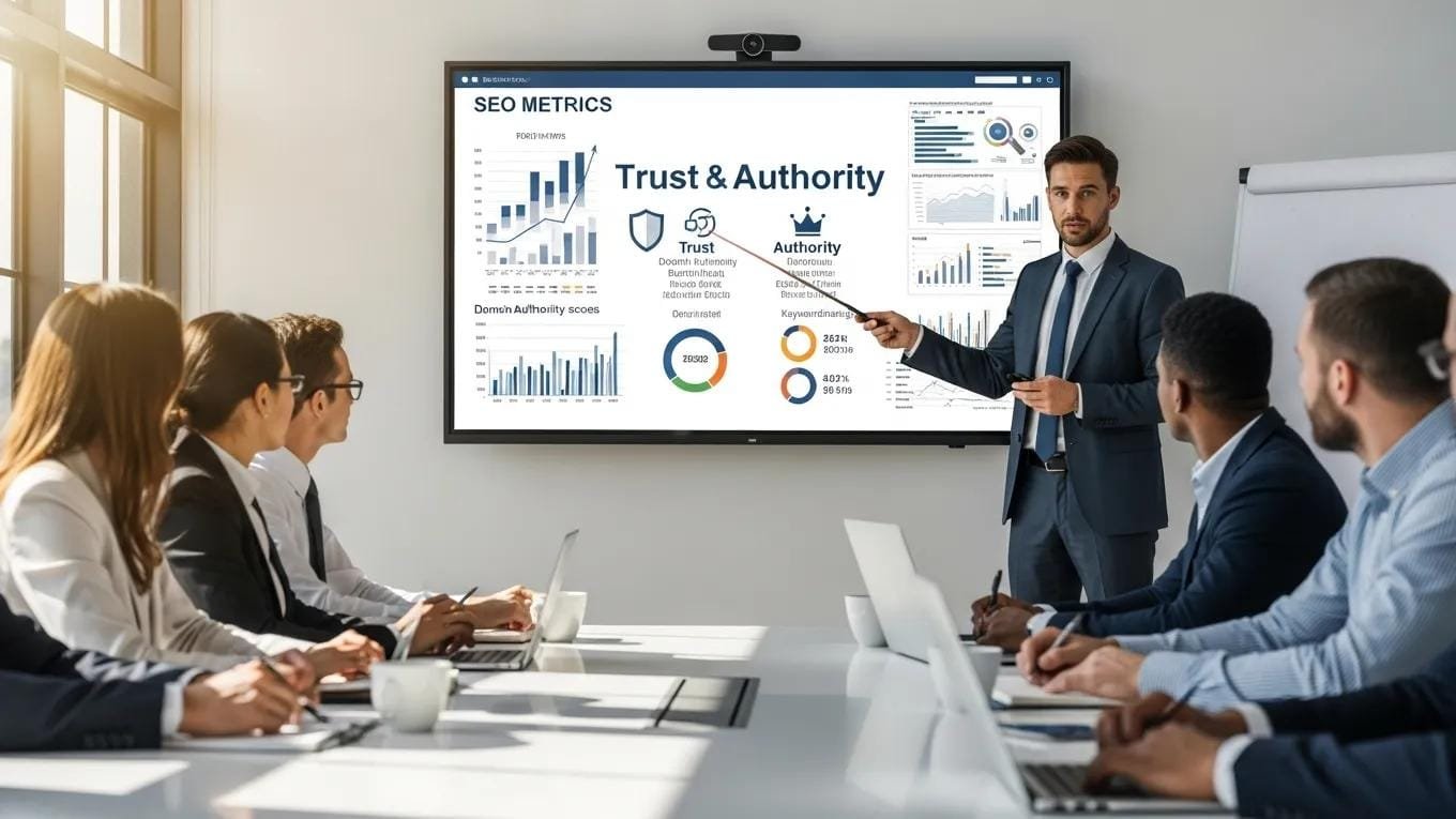 Professional presenting SEO performance metrics to a team, underscoring trust and authority in digital marketing