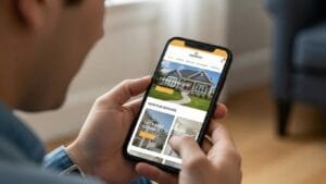 Person using a smartphone to browse a contractor's mobile site, showing how design drives engagement