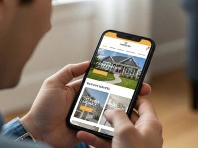 Person using a smartphone to browse a contractor's mobile site, showing how design drives engagement