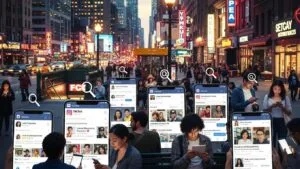 People using social apps in an urban setting, illustrating social platforms acting like search tools