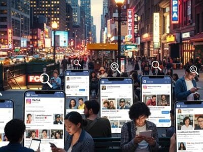 People using social apps in an urban setting, illustrating social platforms acting like search tools