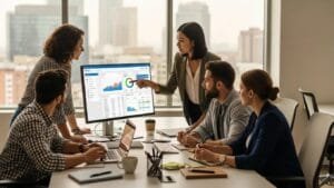 Team planning SEO strategy together in a modern office
