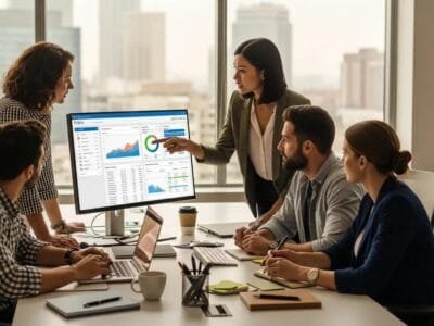 Team planning SEO strategy together in a modern office