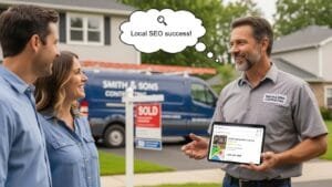 Local contractor talking with homeowners &mdash; illustrating the power of local SEO