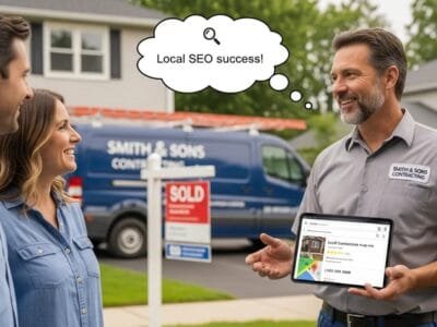 Local contractor talking with homeowners &mdash; illustrating the power of local SEO