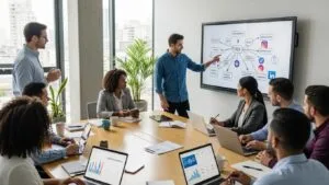 Team of contractors and marketers planning social media strategies in a modern workspace