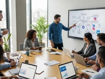Team of contractors and marketers planning social media strategies in a modern workspace