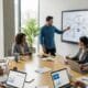 Team of contractors and marketers planning social media strategies in a modern workspace