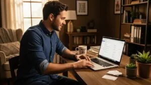 Small business owner setting up Google Ads on a laptop in a cozy office