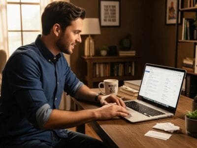 Small business owner setting up Google Ads on a laptop in a cozy office