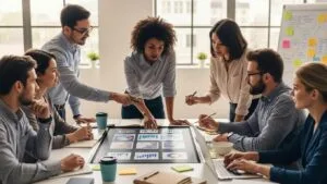 Contracting team and marketers collaborating on social media strategy