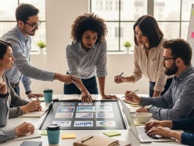 Contracting team and marketers collaborating on social media strategy