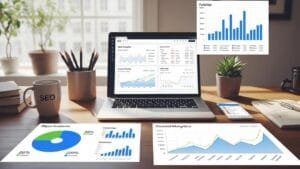 Digital marketing workspace showing SEO analytics on a laptop and colorful charts