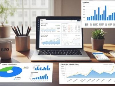 Digital marketing workspace showing SEO analytics on a laptop and colorful charts