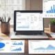 Digital marketing workspace showing SEO analytics on a laptop and colorful charts