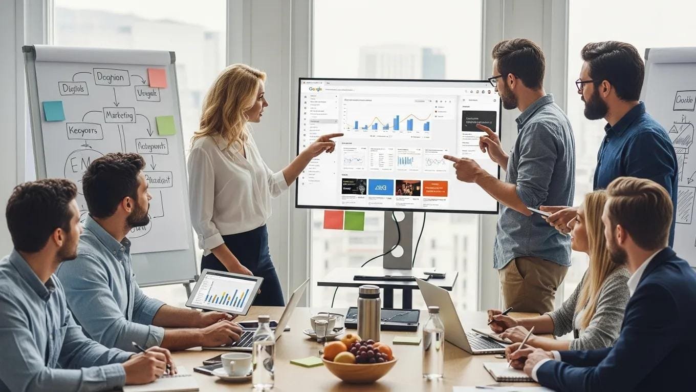 Marketing team planning Google Ads strategy together