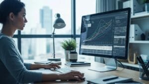 Digital marketer reviewing click-through rate trends in a modern workspace