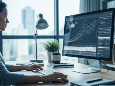 Digital marketer reviewing click-through rate trends in a modern workspace
