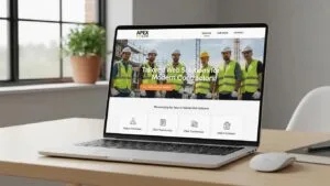 Laptop displaying a modern custom contractor website in a bright workspace &mdash; shows the value of tailored web solutions