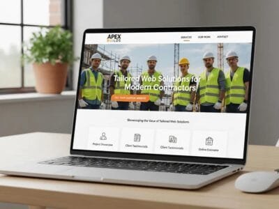 Laptop displaying a modern custom contractor website in a bright workspace &mdash; shows the value of tailored web solutions