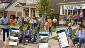 Neighbors and homeowners using social media on devices, illustrating community connections and local engagement