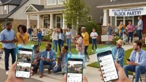 Neighbors and homeowners using social media on devices, illustrating community connections and local engagement