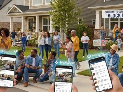 Neighbors and homeowners using social media on devices, illustrating community connections and local engagement