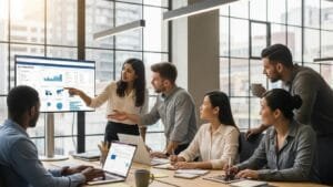 Diverse professionals collaborating in a modern office, emphasizing teamwork in digital marketing and SEO