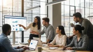 Diverse professionals collaborating in a modern office, emphasizing teamwork in digital marketing and SEO