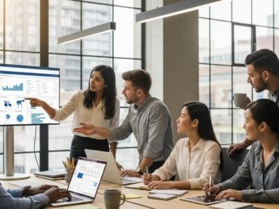 Diverse professionals collaborating in a modern office, emphasizing teamwork in digital marketing and SEO