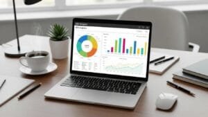 Workspace with a laptop displaying SEO analytics and colorful charts