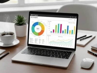 Workspace with a laptop displaying SEO analytics and colorful charts