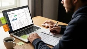 Person analyzing SEO data on a laptop with notes and coffee, emphasizing long tail keywords in SEO strategy