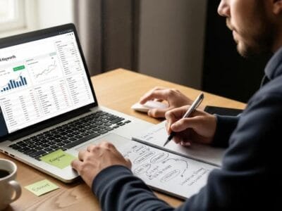 Person analyzing SEO data on a laptop with notes and coffee, emphasizing long tail keywords in SEO strategy