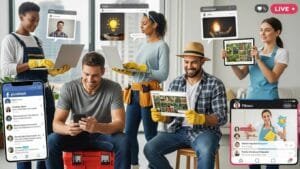 Home-service professionals connecting with homeowners through social channels on phones and laptops