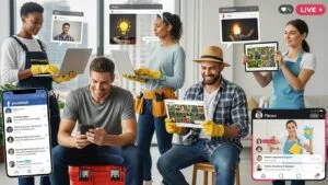 Home-service professionals connecting with homeowners through social channels on phones and laptops