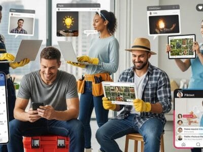 Home-service professionals connecting with homeowners through social channels on phones and laptops
