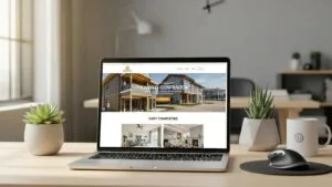 Conversion-focused contractor website on a laptop in a modern workspace