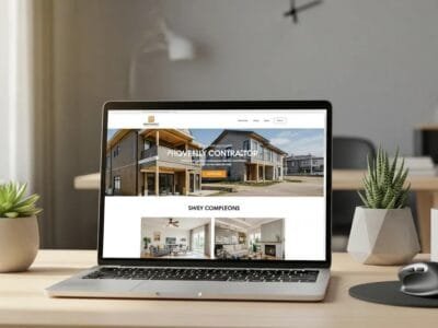 Conversion-focused contractor website on a laptop in a modern workspace