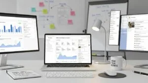 Laptop displaying the Google Ads dashboard in a digital marketing workspace &mdash; online advertising for contractors