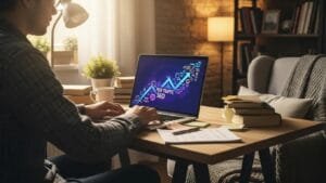 Person working on a laptop in a cozy home office, symbolizing the use of SEO for driving free traffic to websites