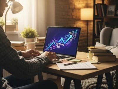 Person working on a laptop in a cozy home office, symbolizing the use of SEO for driving free traffic to websites