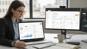 Marketing professional reviewing paid search performance for local contractors