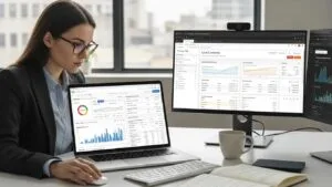Marketing professional reviewing paid search performance for local contractors